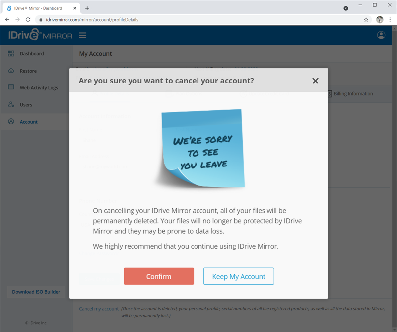 IDrive® Mirror FAQs on billing and account management