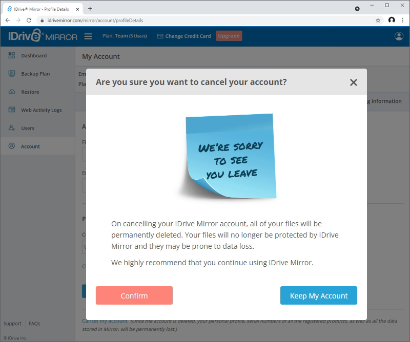 IDrive® Mirror - FAQs on billing and account management