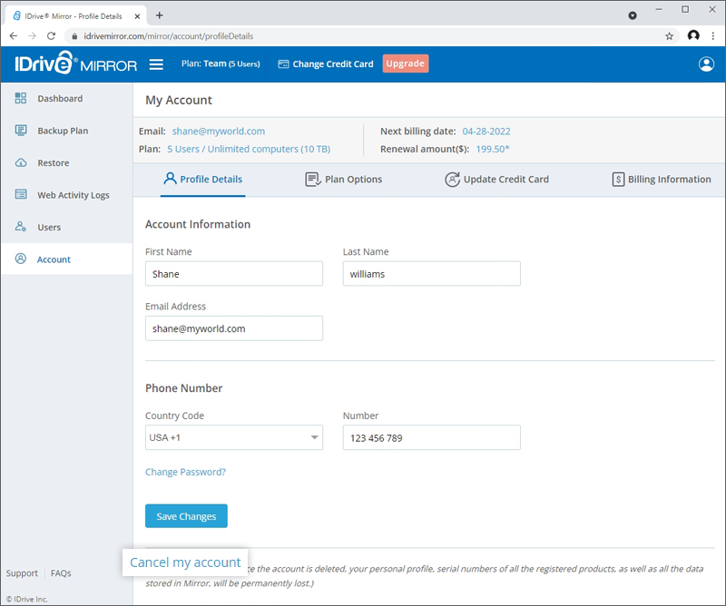 IDrive® Mirror FAQs on billing and account management
