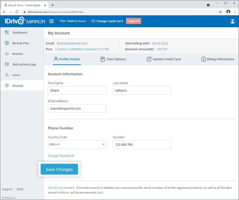 IDrive® Mirror FAQs on billing and account management