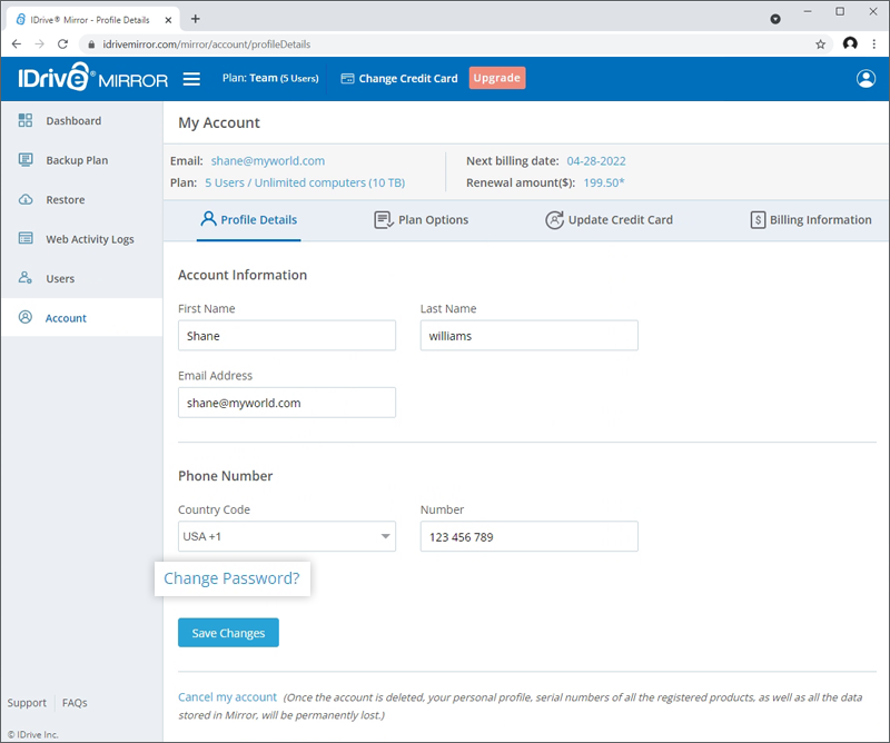 IDrive® Mirror FAQs on billing and account management