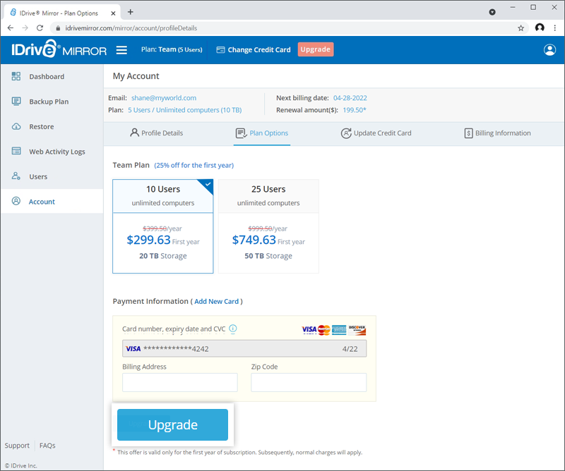 IDrive® Mirror FAQs on billing and account management